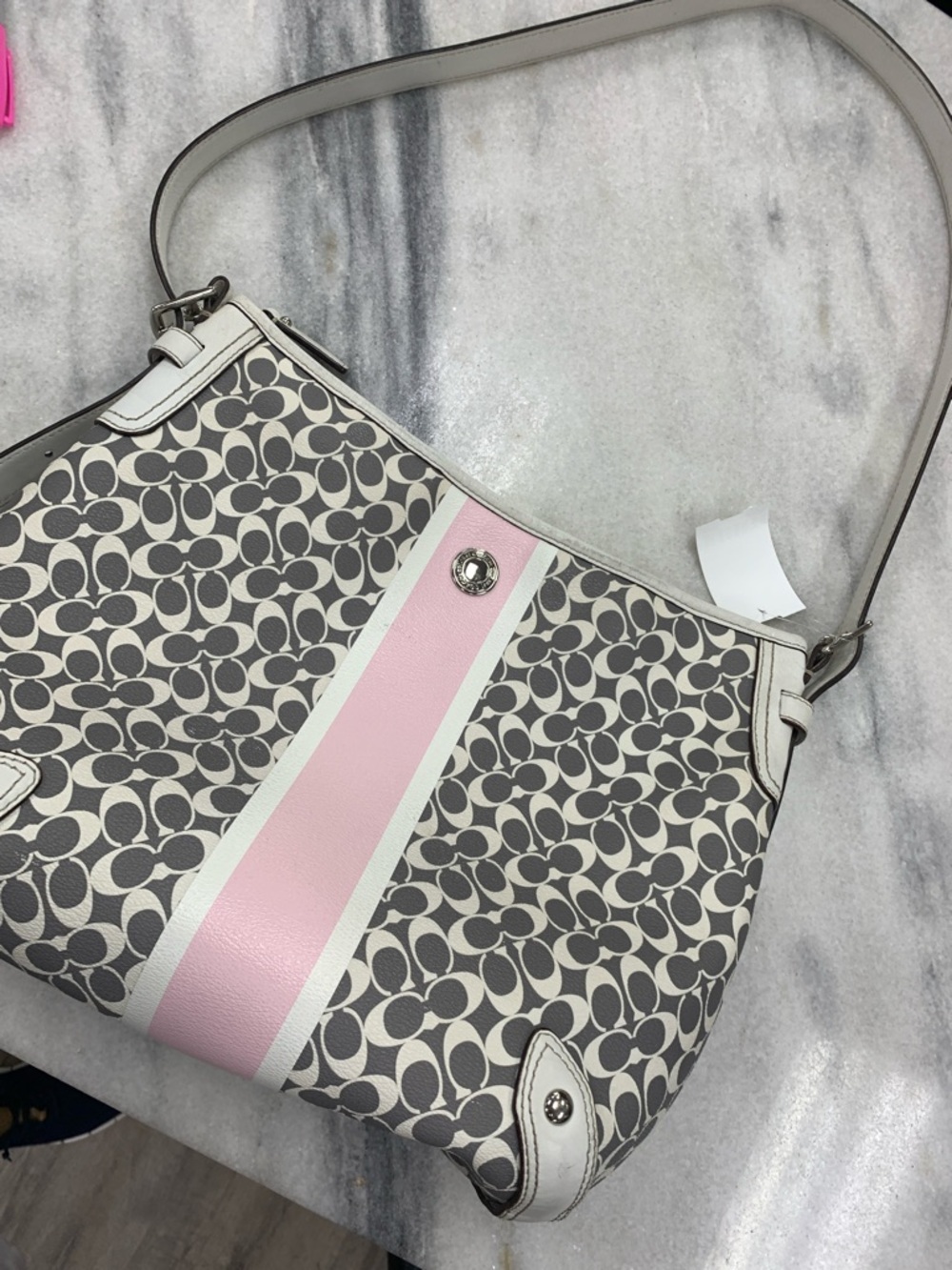 Coach Signature Canvas Shoulder Bag in Pink and Gray with White Trim - Picture 11 of 11